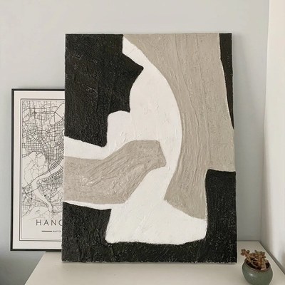 客厅装饰画轻奢高级感奶油风肌理手绘油画大幅落地沙发.后挂画黑