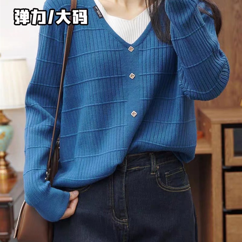 大尺码假两件针织毛衣女2023秋季新款胖妹妹季气质VV领显瘦休闲上