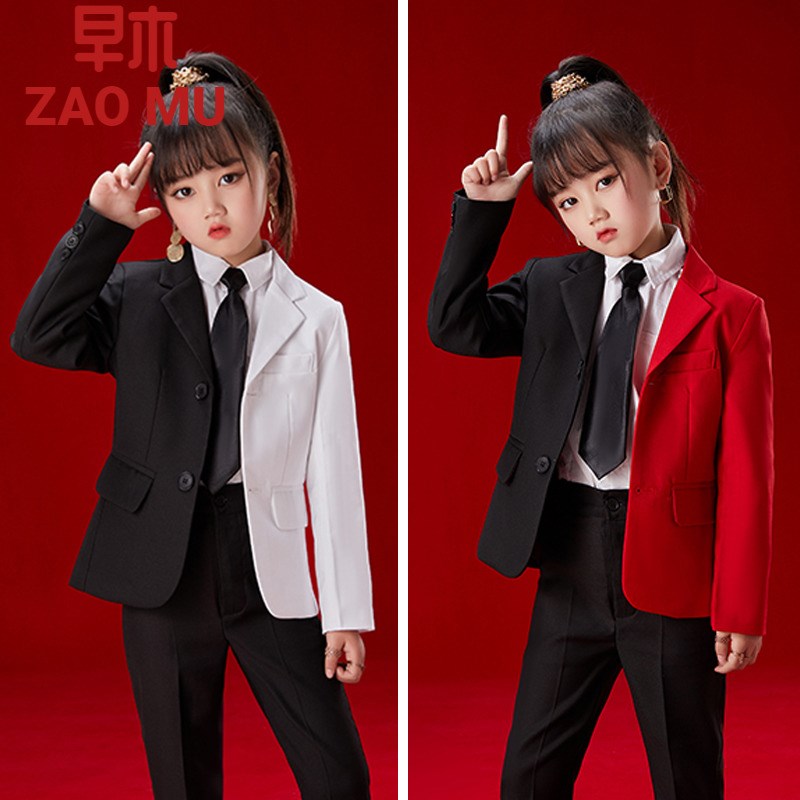 女童走秀拼色西装2024小女孩洋气潮服童模T台礼服套装时尚演出服