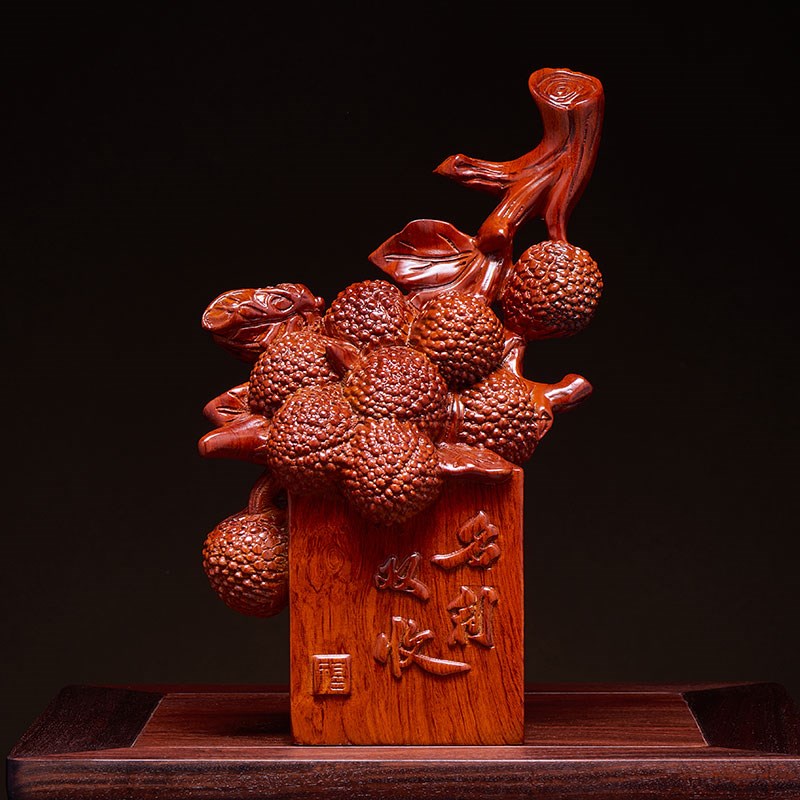 花梨木雕荔枝摆件实木雕刻名利双收工艺品酒柜博古架玄关开业送礼