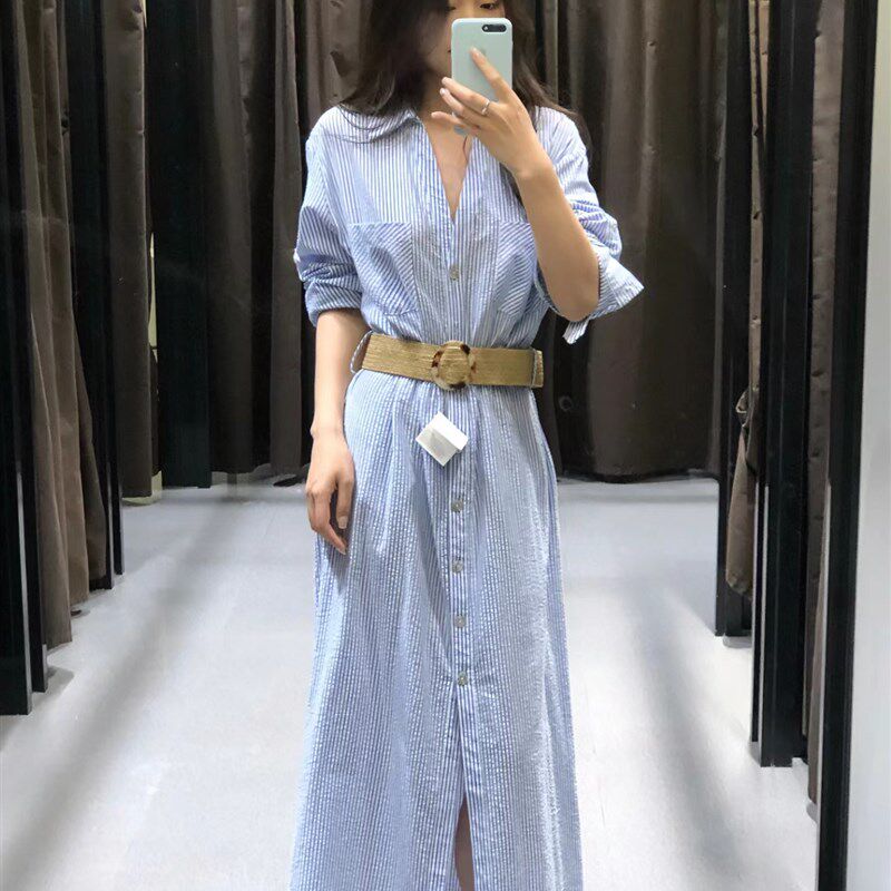 2024新品 ZA女装气质配腰带亚麻混纺长款衬衣式连衣裙 4387062
