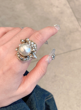 个性复古珍珠花朵戒指气质网红夸张食指戒日韩简约优雅指环配饰女