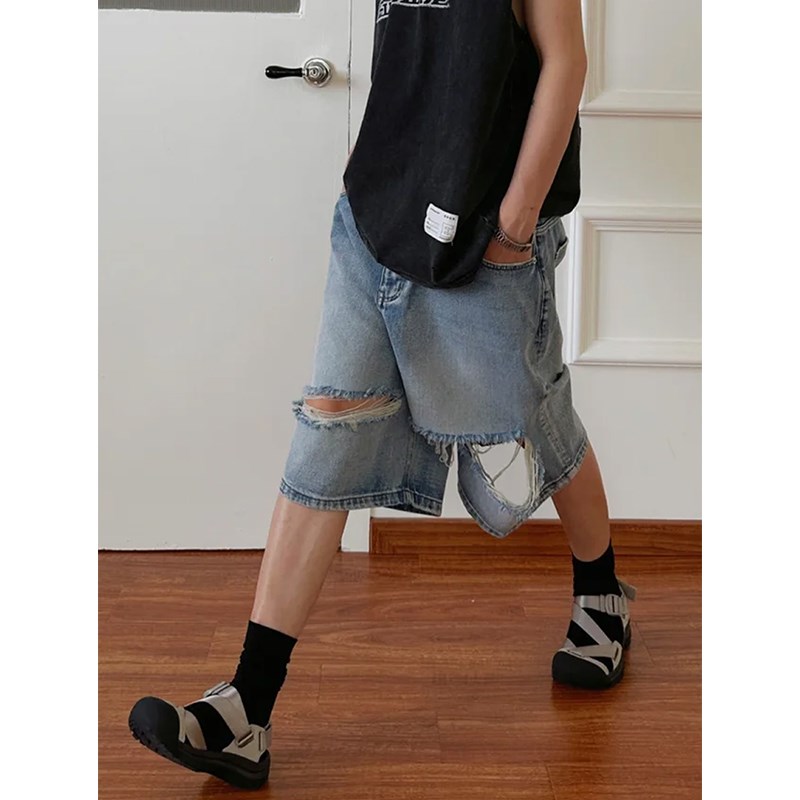 美式街头复古水洗前后破洞牛仔短裤男女宽松百搭休闲阔腿五分裤子