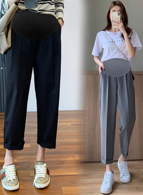 孕妇装夏装2023裤子夏薄款x外穿哈伦裤职业休闲裤八分裤托腹可调