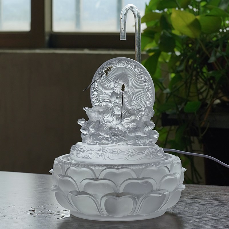 琉璃五路水供黄黑红绿白财神爷佛像循环流水摆件招财客厅浴佛盆