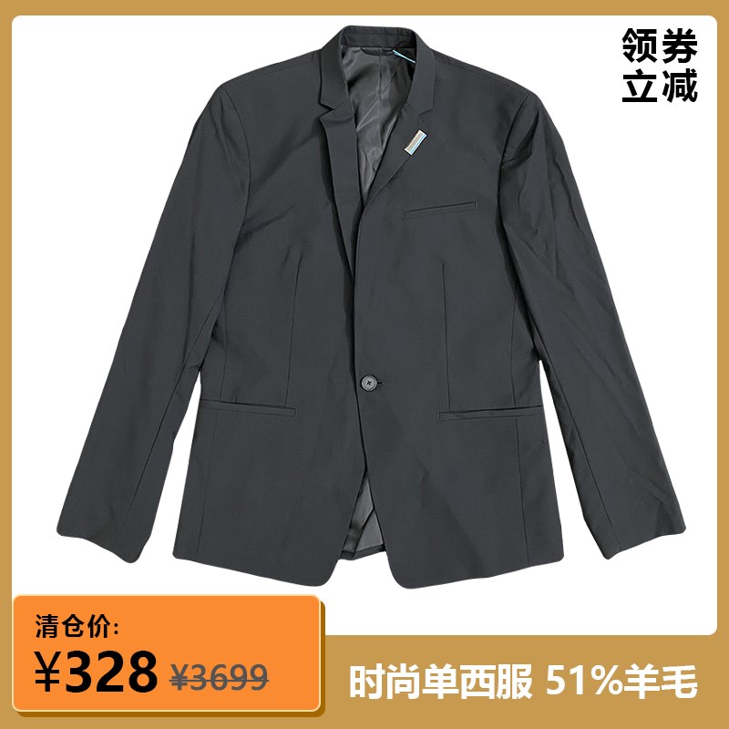 3699元正品男士时尚休闲羊毛长袖青年便服商务单西服修身黑色开叉