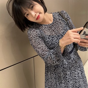 落落大方~显贵 复古爱心印花气质圆领长袖收腰连衣裙优雅百褶长裙