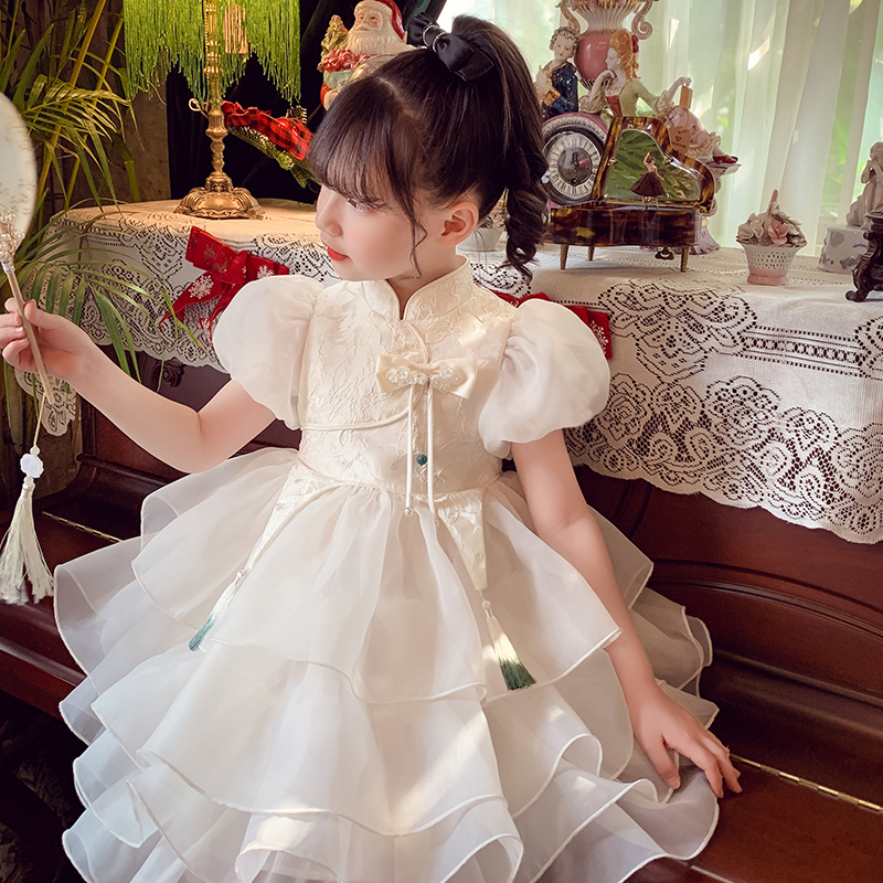 女童洋气泡泡袖网纱公主裙儿童夏装2023新款女孩中国风旗袍连衣裙