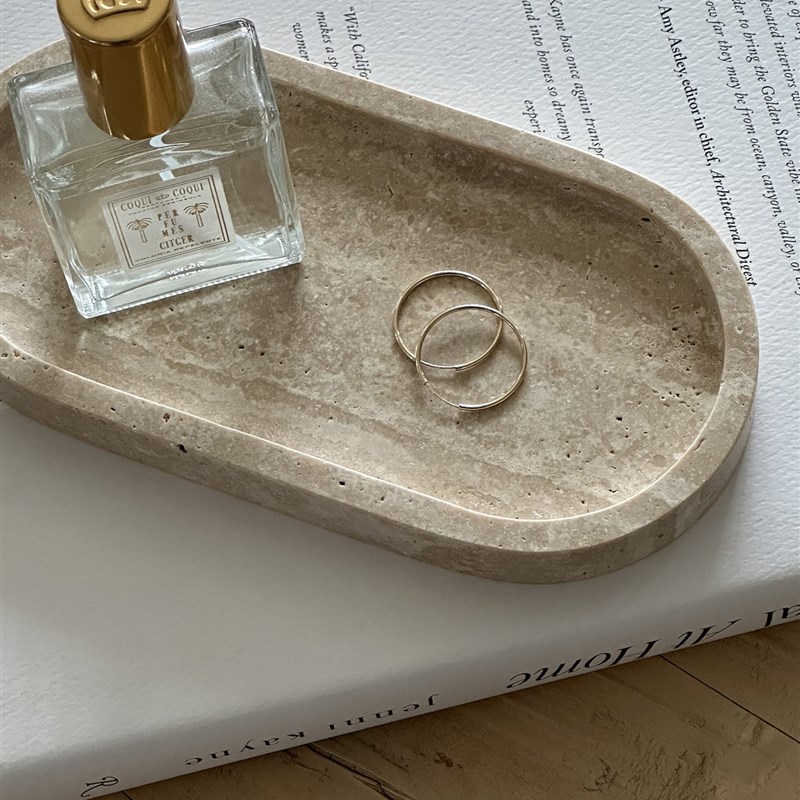 侘寂风黄洞石椭圆大理石香薰托盘玄关桌面软装摆件几何