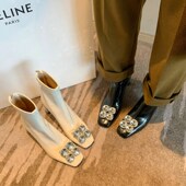 水钻方头漆皮粗跟弹力短靴气质高跟秋冬新款 单R靴女白色显瘦瘦靴
