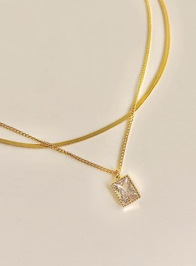 小众精致简约方形项链百搭双层叠戴锁骨链轻奢高级设计铜镀真金