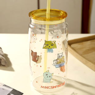 大容量水杯女高颜值微波炉可加热耐高温玻璃杯带盖吸管杯子牛奶杯