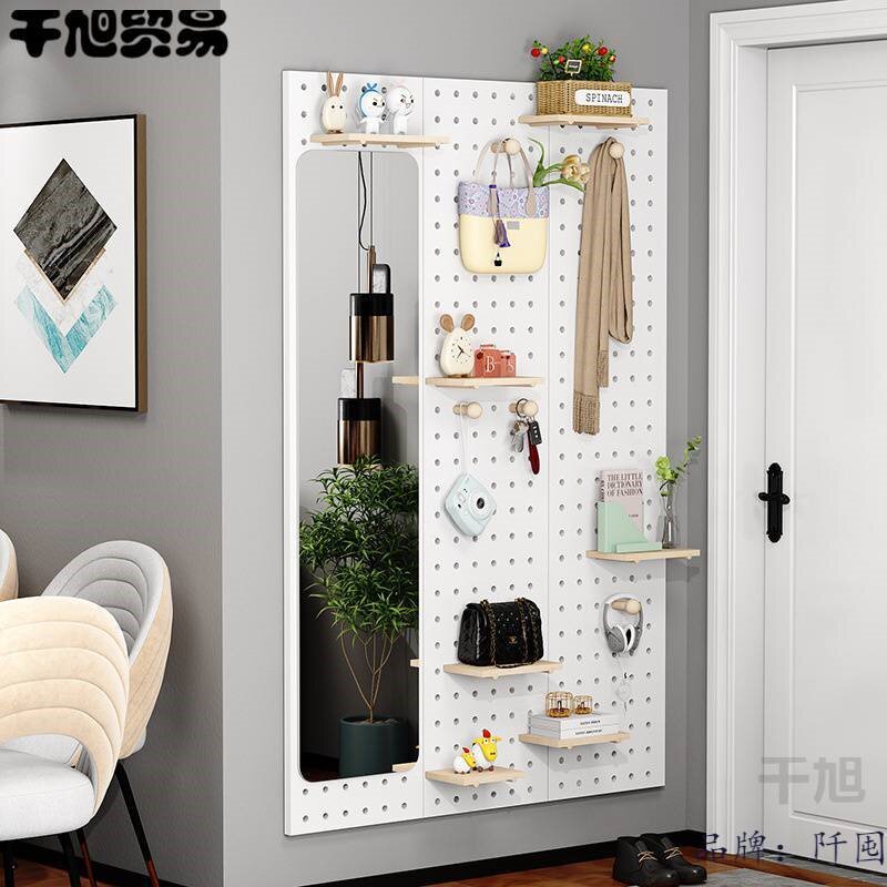 洞洞板墙上置物架玄关入户门厅多功能收纳展示架实木质挂衣架壁挂