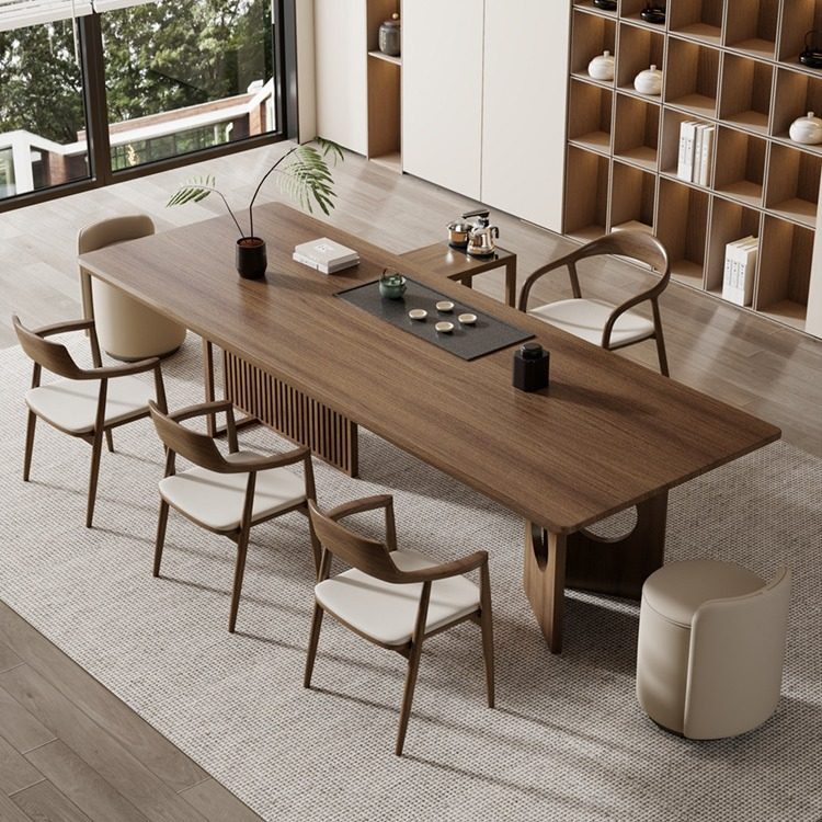 新中式实木餐桌椅组合原木大板茶盘一体泡茶台简约家用办公泡茶桌