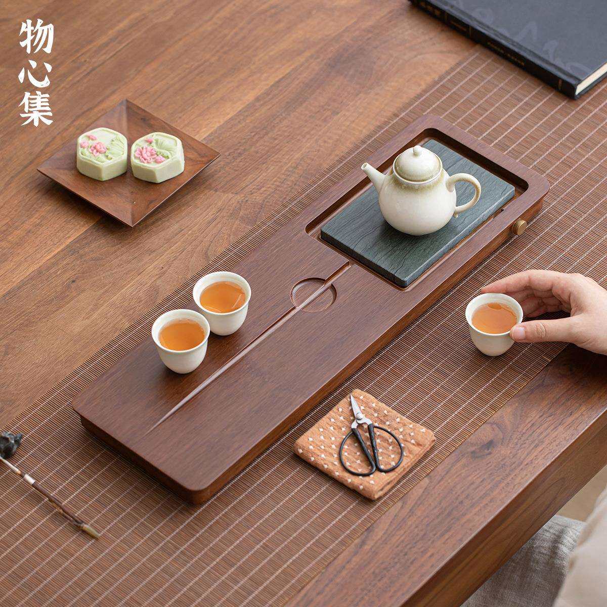物心集简约长方重竹茶盘家用茶海整块实木茶托盘办公室排水茶台