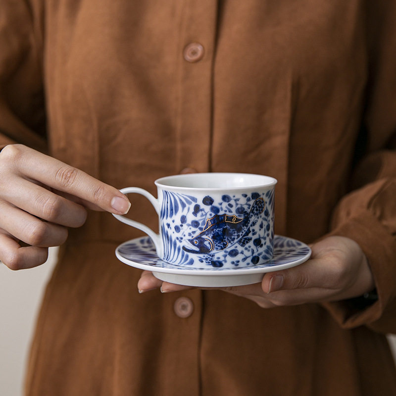 青花咖啡杯高档精致陶瓷马克杯女士主人杯子家用茶杯复古杯碟套装