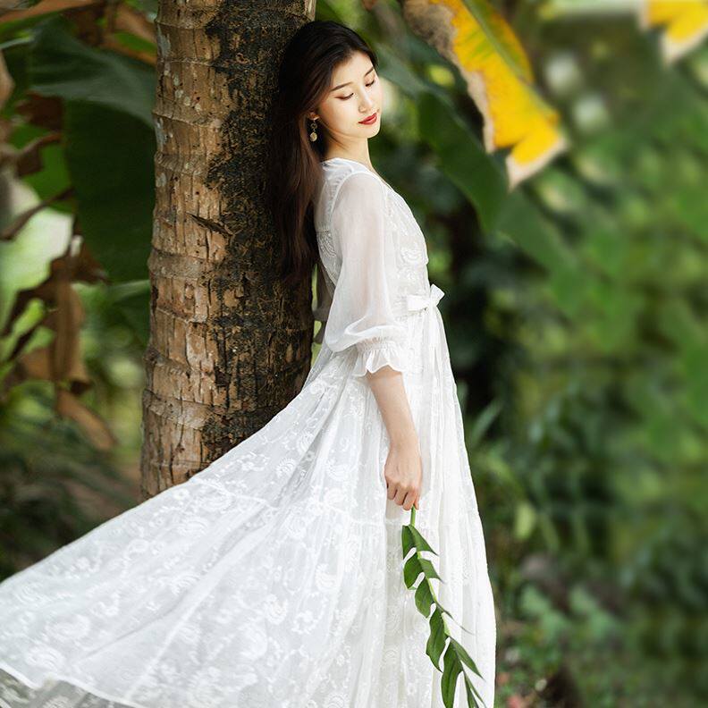 设计感拼接棉麻新款女夏宽松V领长裙气质记白色连衣裙裙子年2023