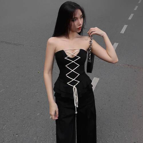 Open-back slim strap tube top women 欧美露背修身绑带抹胸上衣