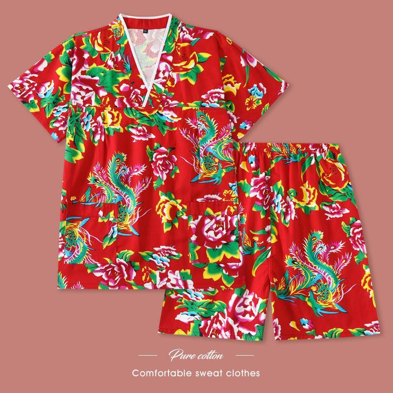 汗蒸服女款纯棉东北特色大花情侣家居套装洗浴桑拿服睡衣足浴服男