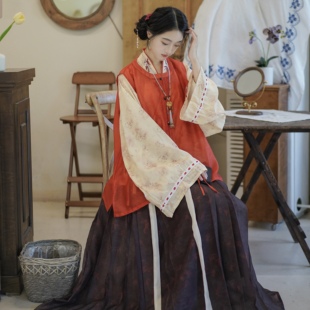 双月原创【晚竹】汉服夏秋百搭明制圆领短比甲米色对穿交短衫套装