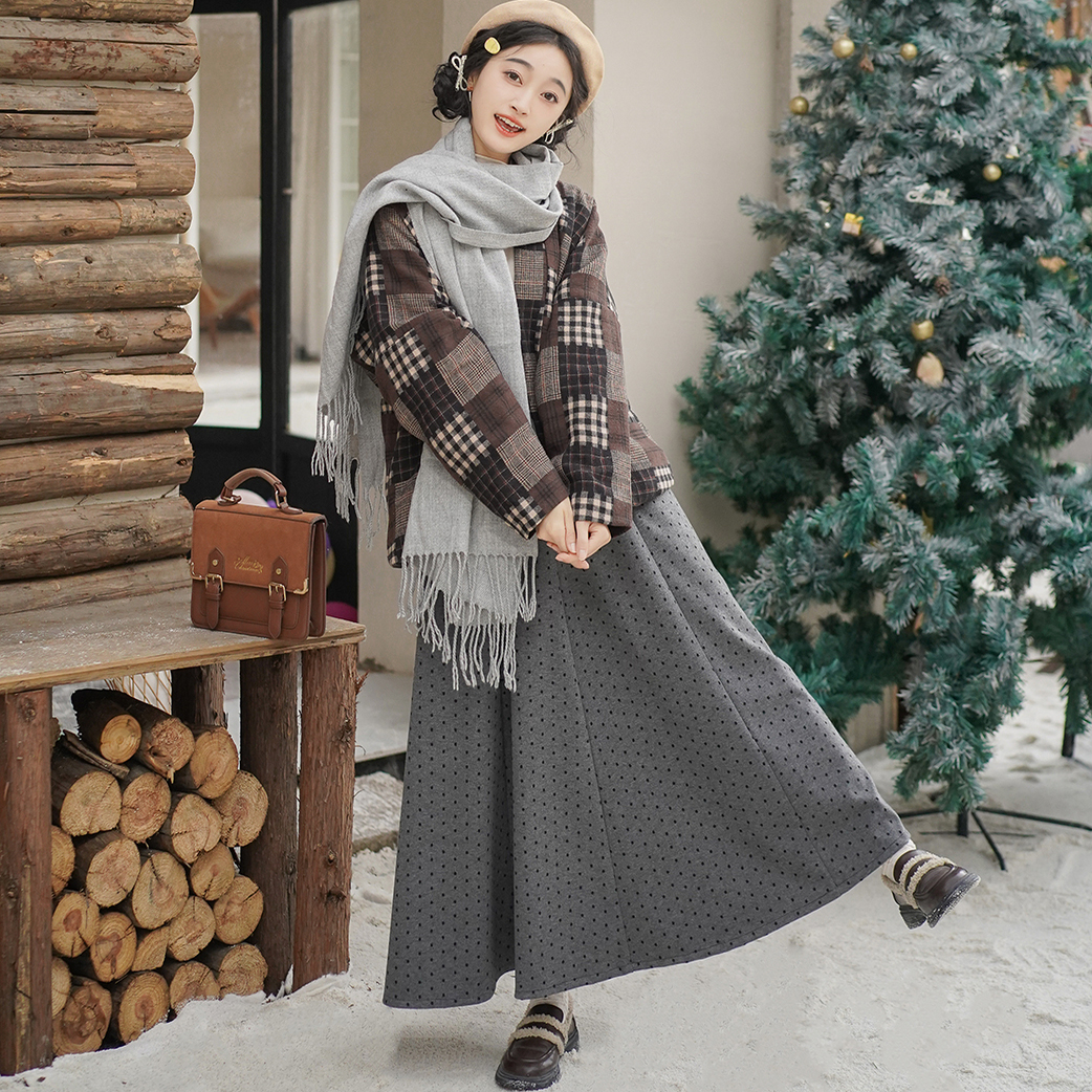 双月汉服女 可可 宋制女飞机袖加绒有口袋松紧腰八破裙秋冬日常款