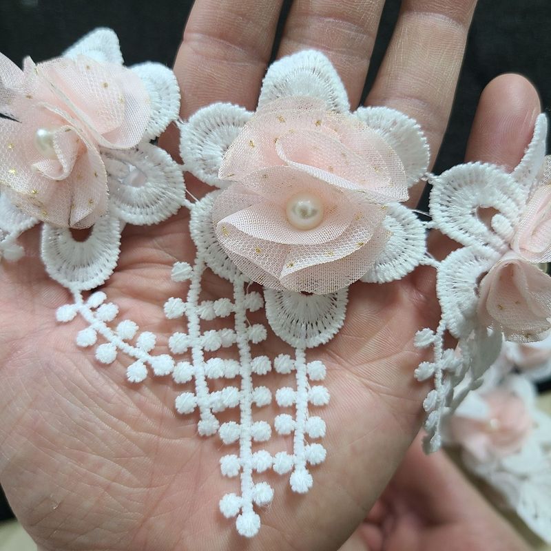 手工刺绣钉珠欧根装饰双层立体婚纱花朵服装diy花边辅料7CM蕾丝边