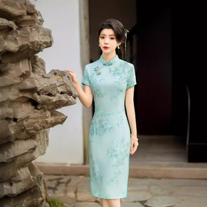 2024高端春款中国风竹子斜纹弹力棉中长款复古旗袍女装连衣裙显瘦