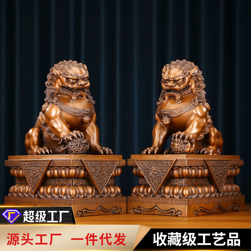 铜欣祥紫铜宫门狮摆件家居办公室中式对狮子工艺品室内门厅装饰