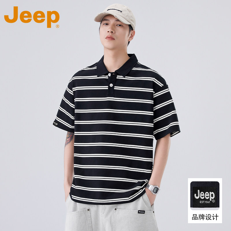JEEP吉普翻领短袖t恤男士POLO衫2025夏季新款宽松休闲条纹上衣男