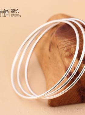 新款s925银手镯女个性潮时尚可多圈光面饰圆手环首饰品百纯搭细银
