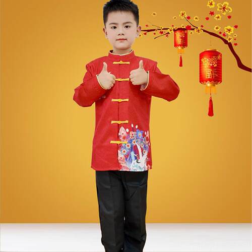 新款欢乐中国舞蹈服元旦新年喜日庆年儿童演服出元中国风红旗袍中