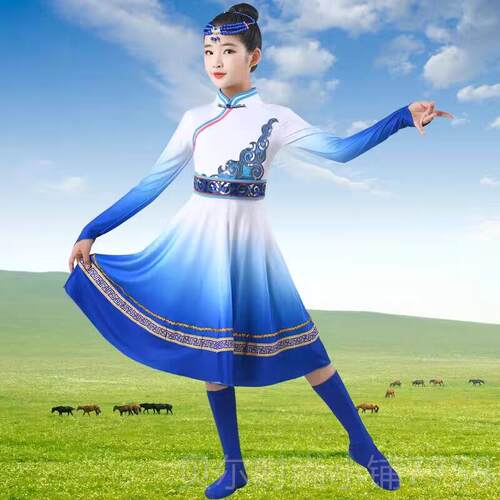 新款新儿童蒙古款舞蹈大演出服女童少数白民族服装蒙族马舞摆裙练