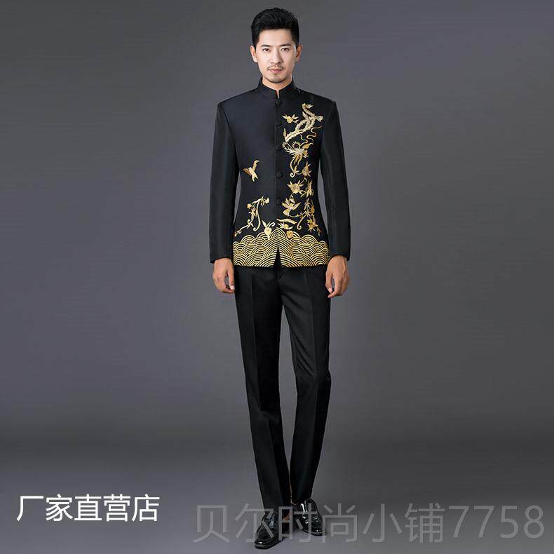 新款花立领中山男中式民乐大合唱表演礼服改装良装绣主持唐人演出