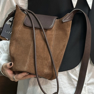 复古磨砂真皮麂皮绒南瓜包百搭单肩斜挎包秋冬新款包盖单肩斜挎包