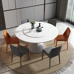 圆形岩板餐桌椅组合轻奢简约家用小户型内嵌式 定制意式 转盘旋转圆