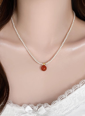 红色玛瑙小米珍珠项链配饰女颈链轻奢小众2025新款吊坠锁骨链