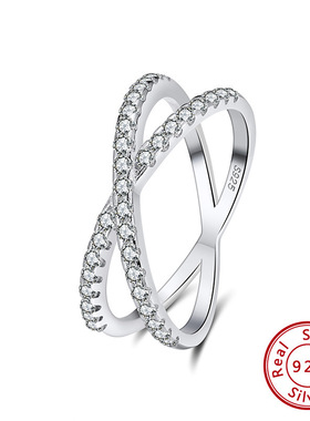 S925纯银双排钻锆石十字交叉戒指镶钻简约时尚时尚简约百搭