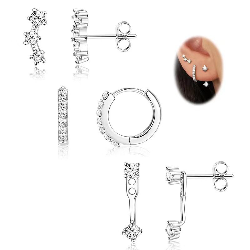 欧美跨境钻石三位一体组合耳环耳钉INS风时尚百搭潮流耳环耳扣女