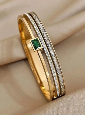 新款立体双排钻绿锆石简约开口钛钢手镯欧美跨境气质百搭感