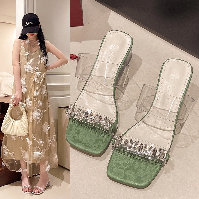 胖东来透明水晶跟凉鞋女夏季2025新款中式国风水钻粗跟仙女风高跟