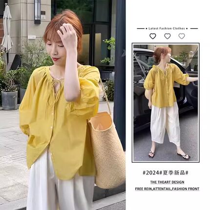 胖东来黄色短袖衬衫女2025夏季新款设计感小众衬衣百搭休闲阔腿裤