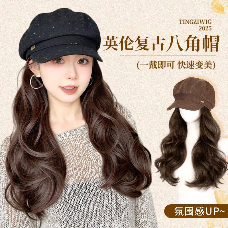 婷子假发/英伦复古八角帽假发一体式大波浪秋冬贝雷帽百搭显脸小