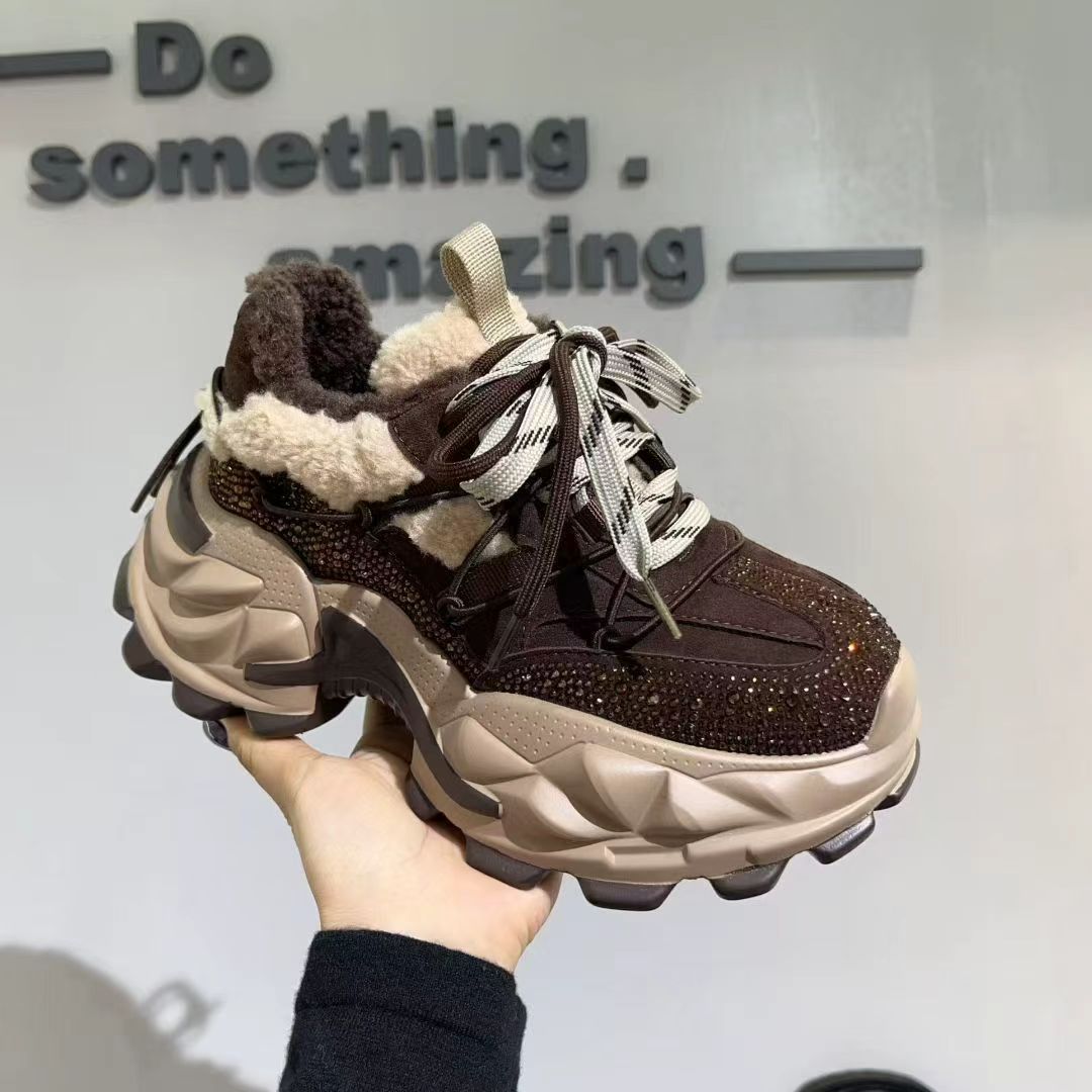 水钻羊羔毛厚底老爹鞋女百搭休闲运动鞋增高保暖潮鞋加绒毛毛鞋女