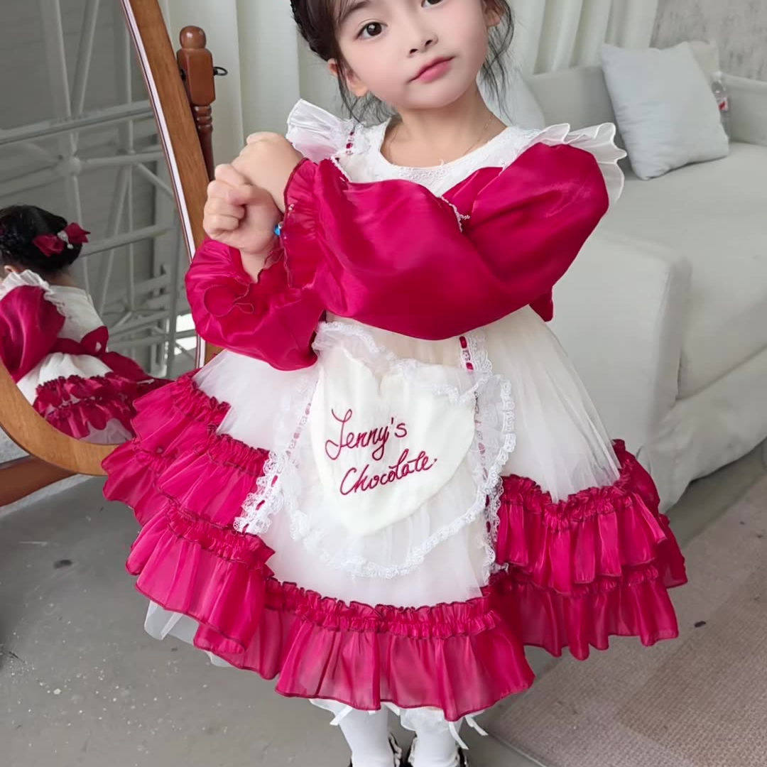 女童春秋萝莉塔公主裙女宝宝生日礼服蓬蓬纱小女孩红色可爱连衣裙