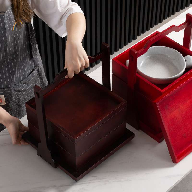 OF9D火锅店托盘民宿早餐新婚饼盒餐具点心盒意境菜酒店碟子竹制红