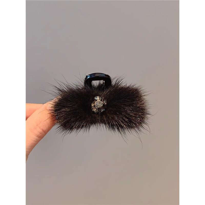 秋冬水晶水貂毛发夹简约中号碎发鲨鱼夹后脑勺半扎发盘发抓夹头饰