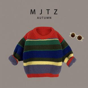 韩版 新品 2023秋季 新款 外套33139 条纹彩z虹毛衣潮童连帽开衫