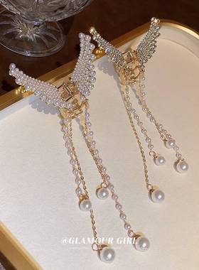 极速镶钻珍珠花朵蝴蝶发q夹抓夹韩国设计感链条流苏鲨鱼夹时尚气