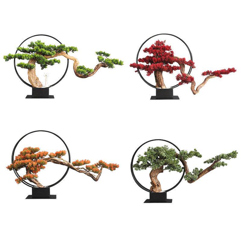四季款仿真植物花架新中式仿真迎客松工艺摆件创意底座工艺品