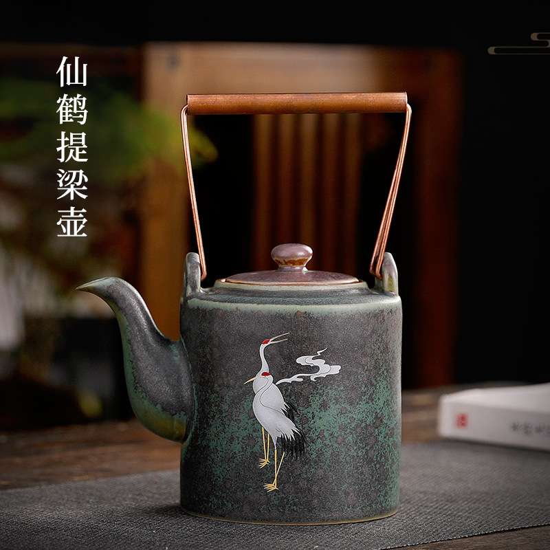 窑变仙鹤呈祥提梁壶陶瓷复古茶具单壶简约茶壶  粗陶铜把手泡茶壶